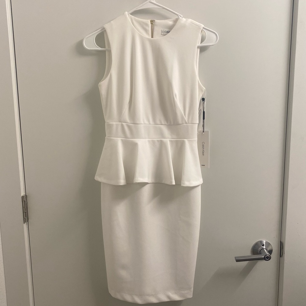 0P Calvin Klein Peplum Sheath Dress White Business Dress Workwear Conference